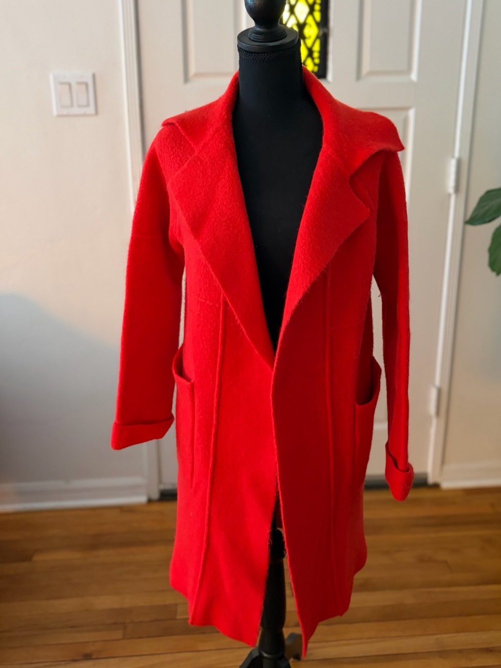 Elliatt Vibrant Red Open-Front Boiled Wool Trench Coatigan